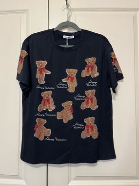 Women's Black Short Sleeve Tee with Embellished Teddy Bears - Happy Valentine